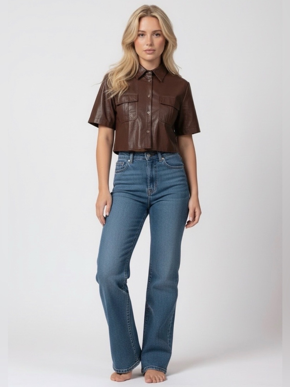 Karlie Burgundy Faux Leather cropped Button-Down Shirt